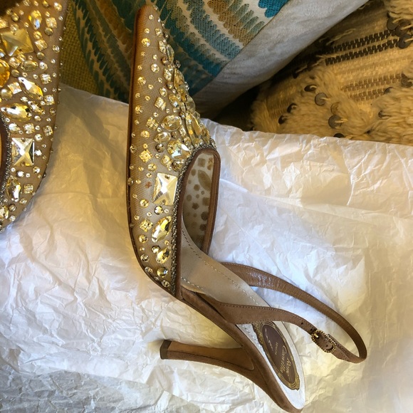 Rene Caovilla Tan/Beige Nude Mesh with Crystals Sling Back Sandals Evening - Picture 6 of 7